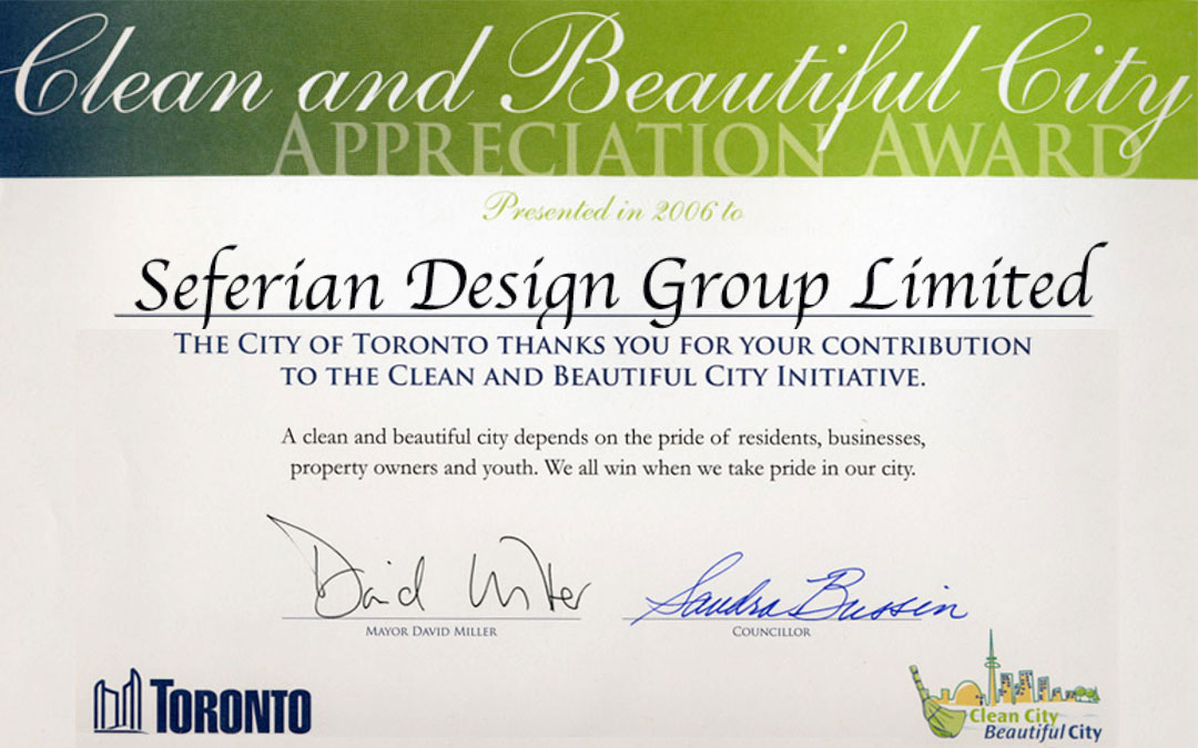 The City of Toronto retained the landscape architectural design services of Seferian Design Group to redevelop Percy Street Park near the future West Don Lands project. The development of the Park was conceived in conjunction with the City of Toronto, Mayor David Miller and the neighbouring community. The park included gathering areas for residents, community garden plots for growing vegetables, shade, grass and public art. Graffiti was removed, garbage collected and the neighbours all participated in the process. Within weeks of breaking ground, the park was complete including features such as night lighting and an irrigation system. The entire project was completed at no cost to the residents or the City. In 2007, Mayor David Miller presented Seferian Design Group Limited with a Clean & Beautiful City Appreciation Award.